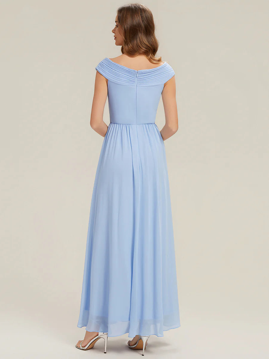 Commercial Wholesale Sleeveless Off Shoulder Deep V-Neck Pleated A-Line Floor Length Bridesmaid Dresses