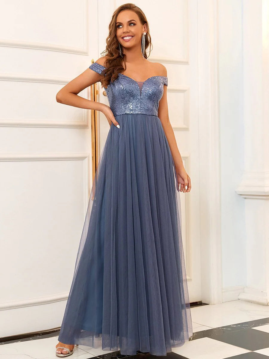 Wholesale High Waist Tulle & Sequin Sleeveless Evening Dress