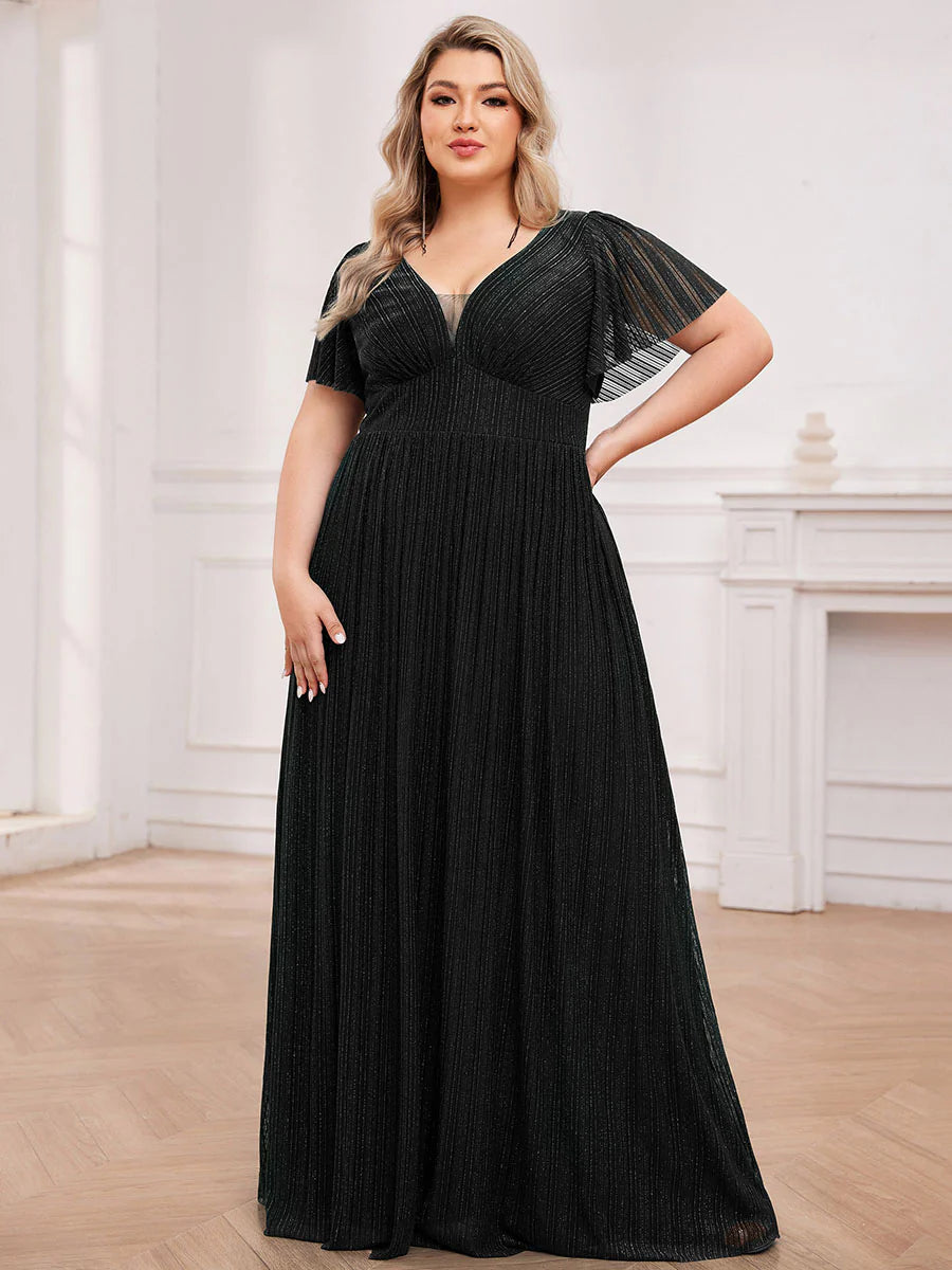 Plus Size Elegant See-Through Deep V Neck Floor Length Short Ruffles Sleeves Sequin Evening Dresses