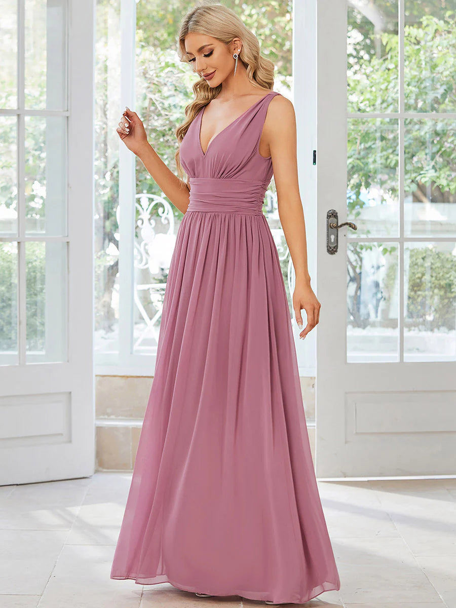 Elegant Double V-Neck Maxi Long Wholesale Bridesmaid Dresses