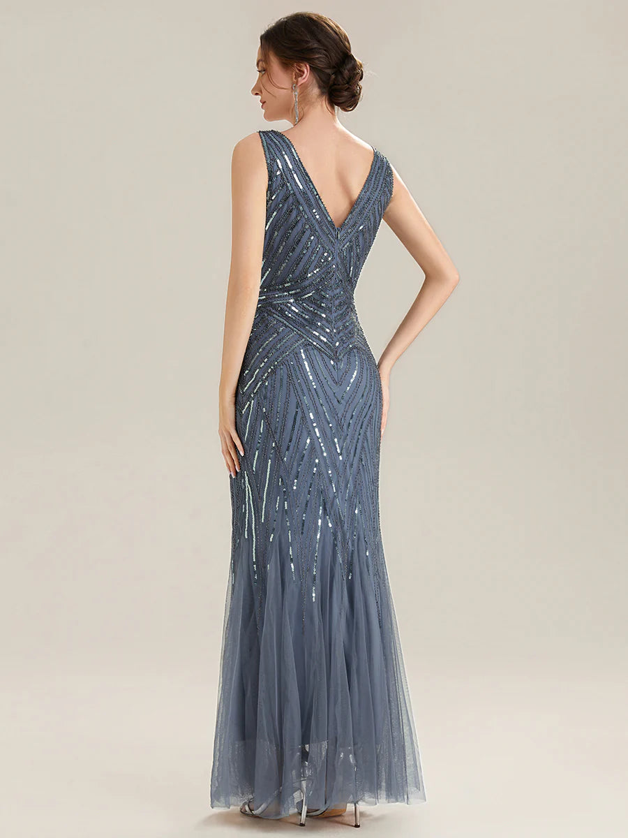 Commercial Wholesale Sleeveless High Stretch Fishtail Beaded V-Neck Evening Dresses