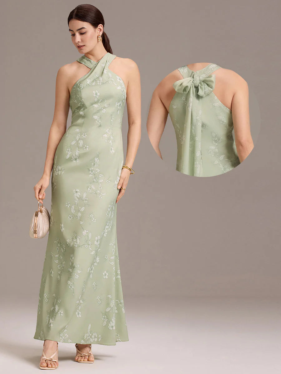 Sleeveless Halter Neck Mermaid Floor Length Dress with Floral Ribbon Bridesmaid dresses