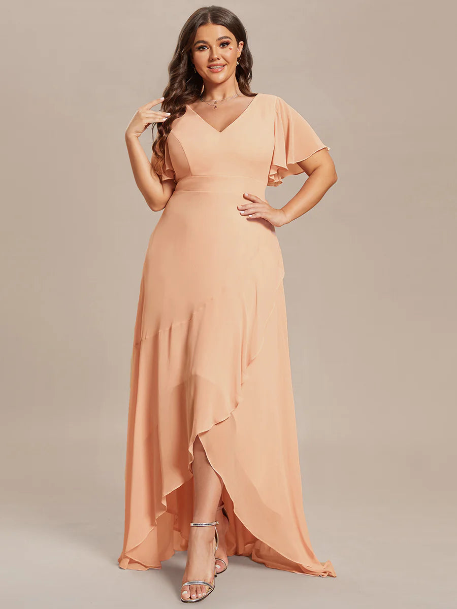 Plus V Neck High Low Ruffles Chiffon Wholesale Bridesmaid Dresses