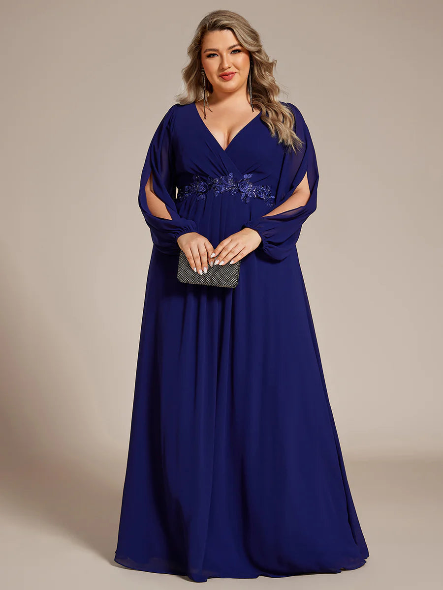 Wholesale Chiffon Plus Size Evening Dresses with Long Lantern Sleeves
