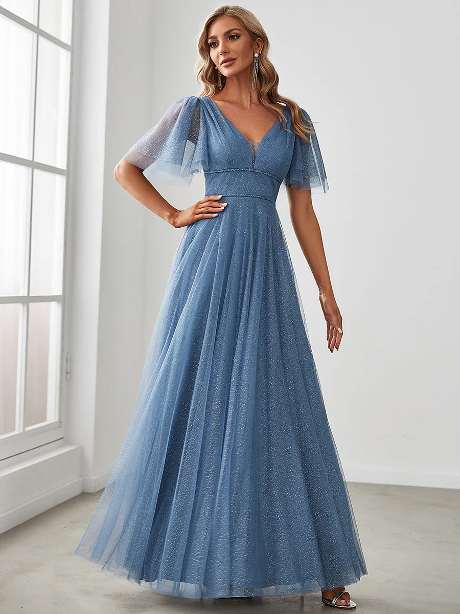 Wholesale Long Deep V Neck Maxi A-Line Tulle Evening Dress