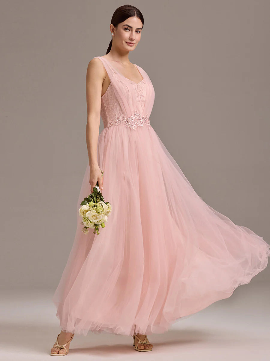 Bulk Order Sleeveless V-Neck Floral A-Line Floor Length Dress with Back Zipper Bridesmaid Dresses