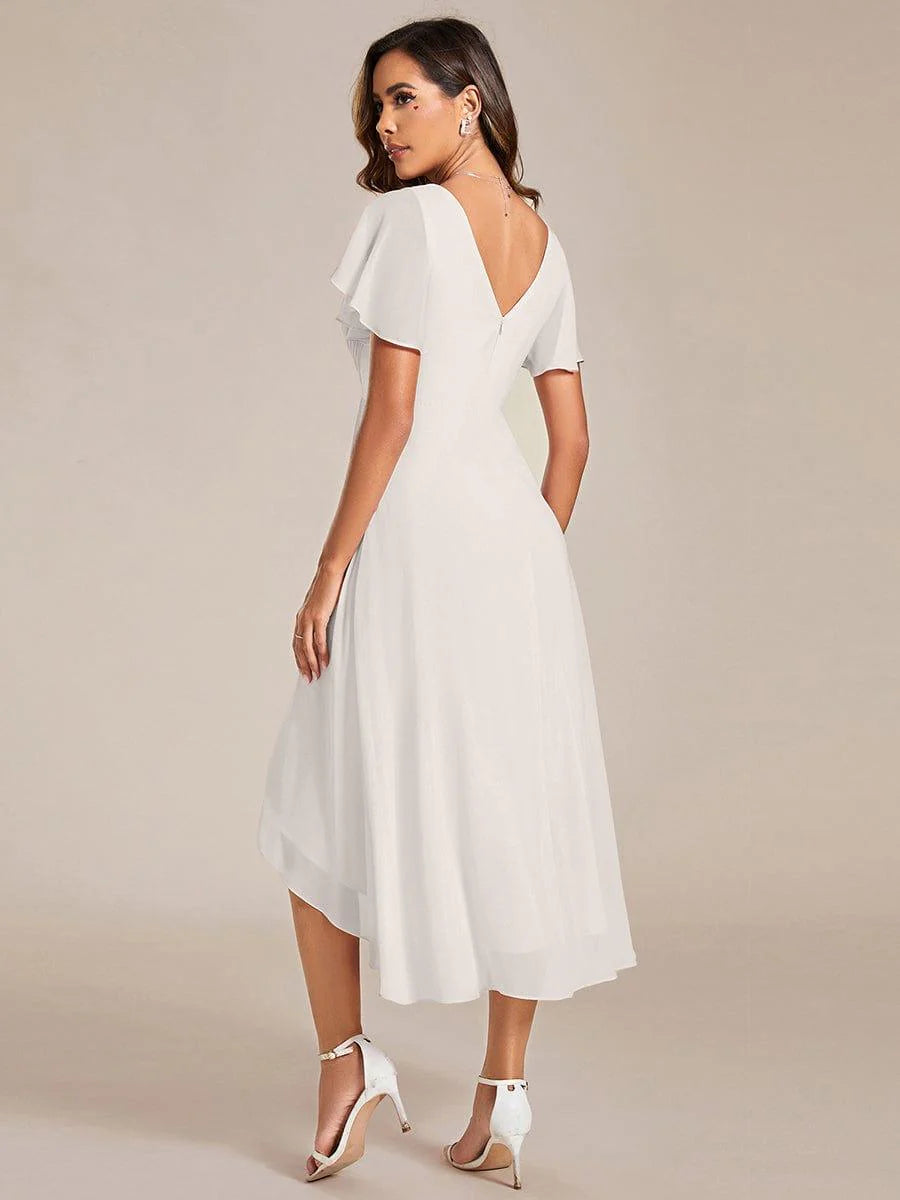 Chic V Neck High-Low Short Sleeve Wedding Guest Dress