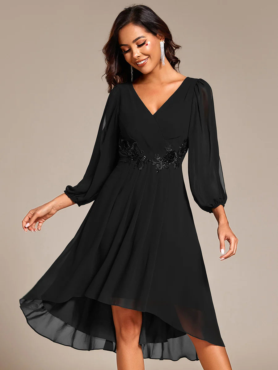 Elegant Lantern Sleeve Applique Empire Waist Midi-Length Chiffon Evening Dresses with Asymmetrical Hem