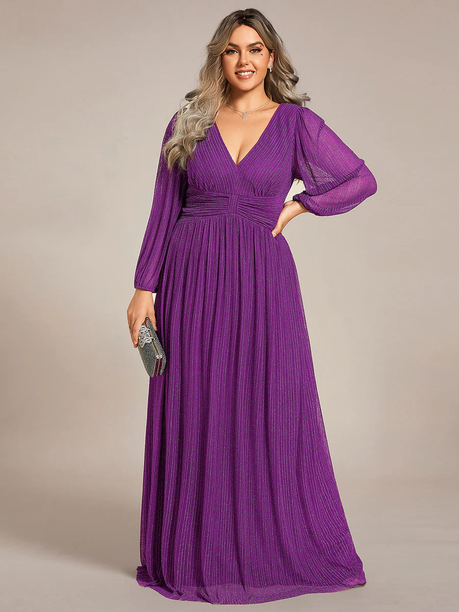 Plus Size Maxi Long Chiffon Waist  V Neck Wholesale Evening Dress with Long Sleeves