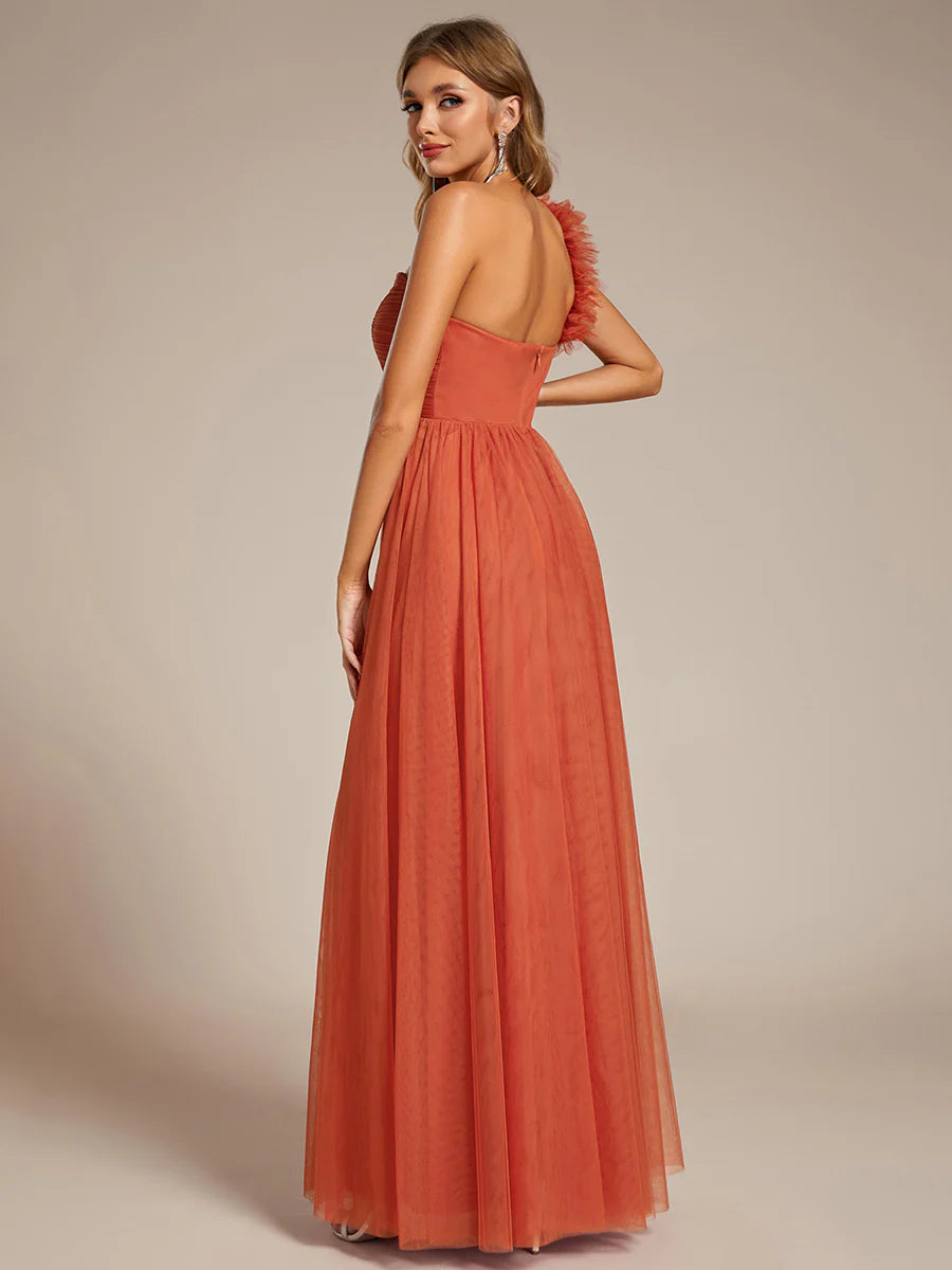 Pleated Backless One Shoulder Split Tulle Wholesale Bridesmaid Dresses