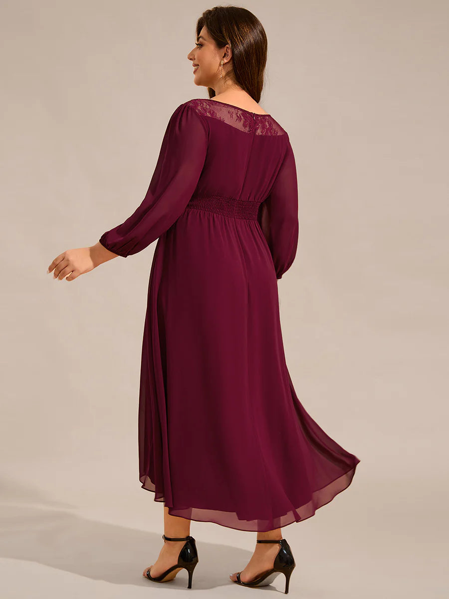 Plus Size Elegant Round Neck Smocking Midi Length Chiffon Wedding Guest Dresses with Asymmetrical Hem