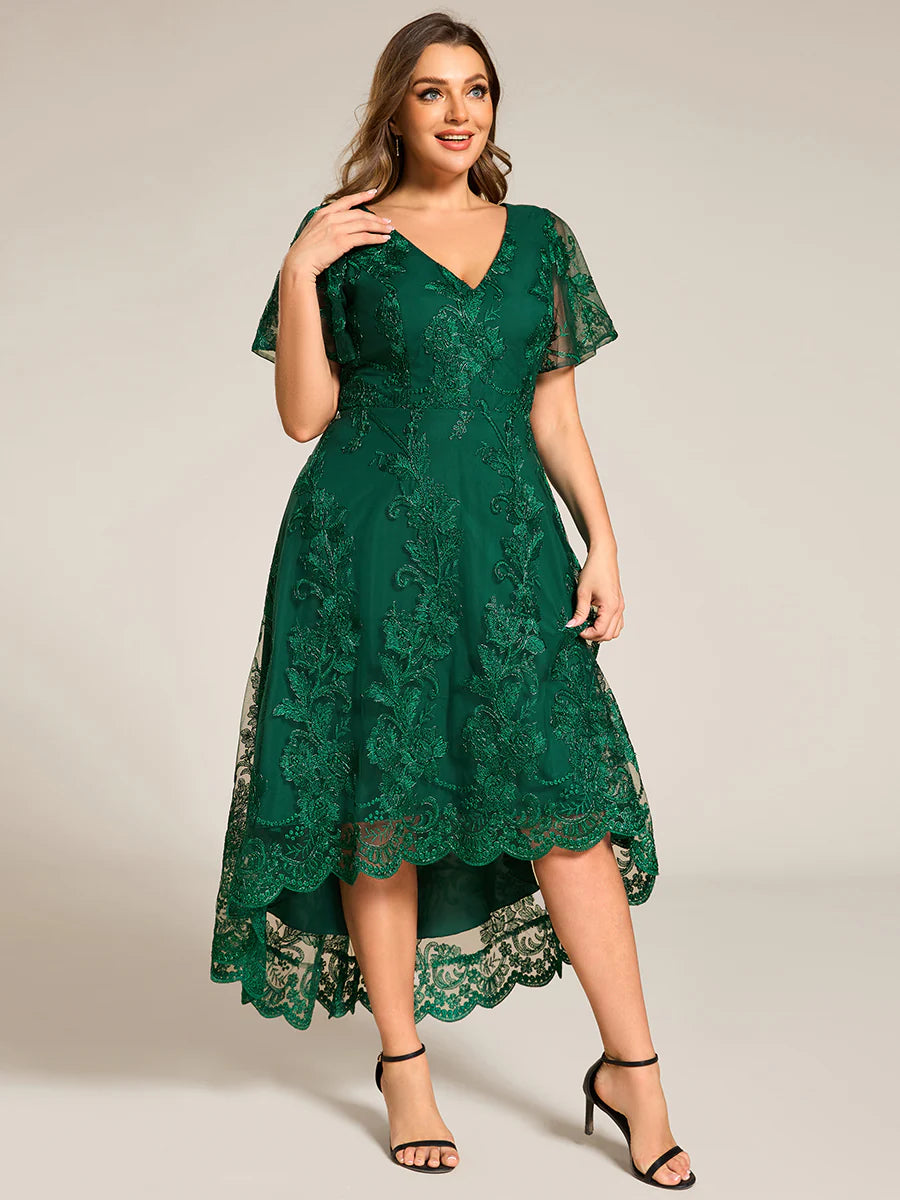 Plus Size Exquisite Embroidery Decoration Short See-through Ruffles Sleeve Lace Wedding Guest Dresses with Asymmetrical Hem