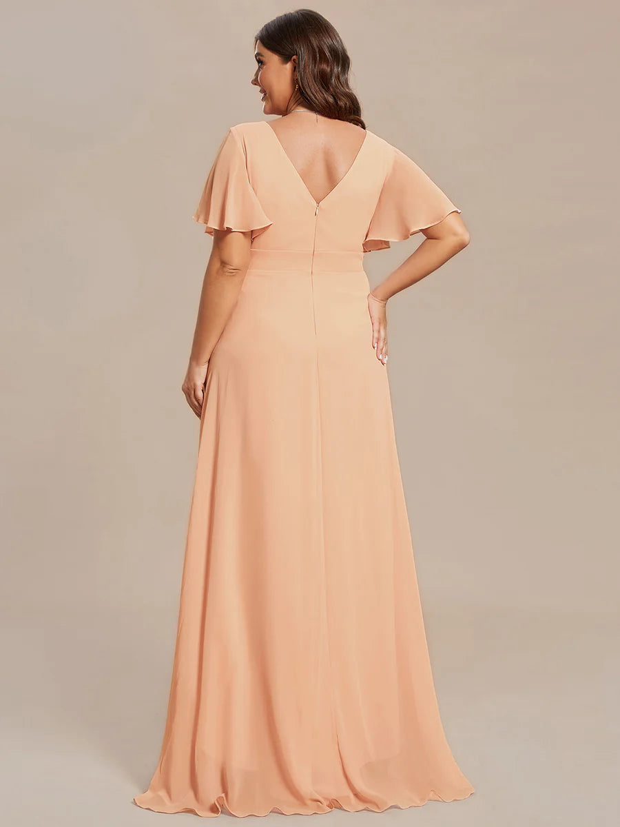 Plus V Neck High Low Ruffles Chiffon Wholesale Bridesmaid Dresses