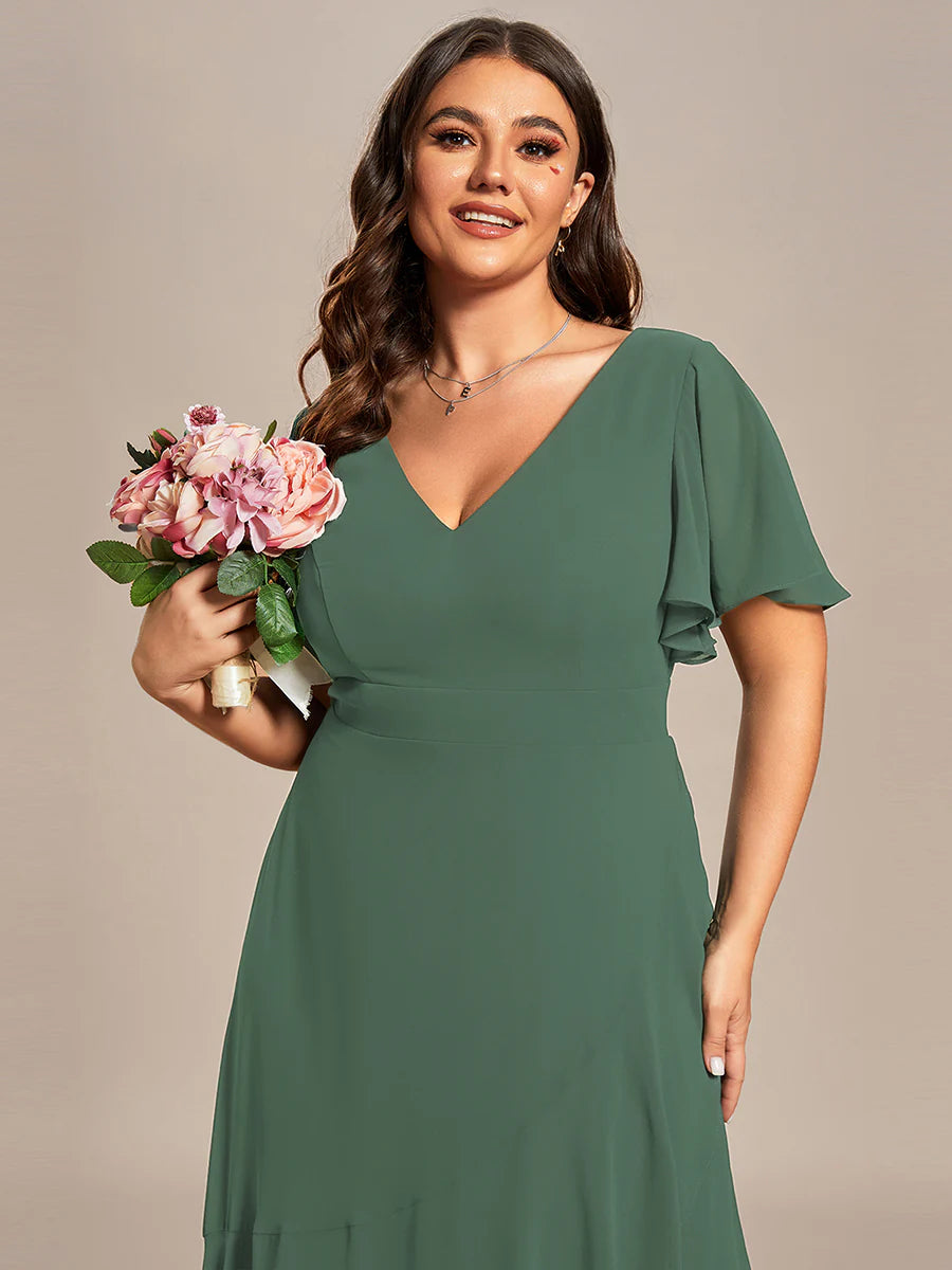 Plus V Neck High Low Ruffles Chiffon Wholesale Bridesmaid Dresses