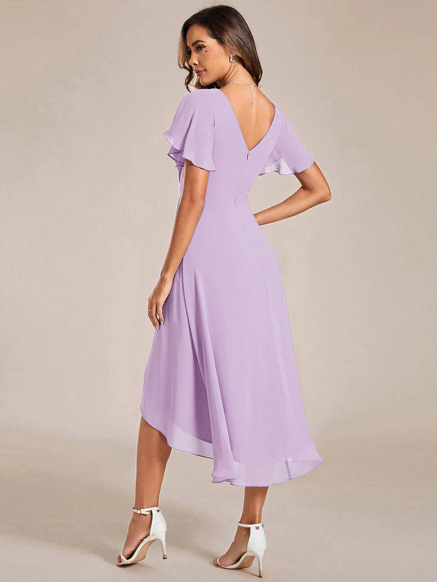 Industrial Use Short Sleeve Ruffle V-Neck Pleated A-Line High-Low Wedding Guest Dresses