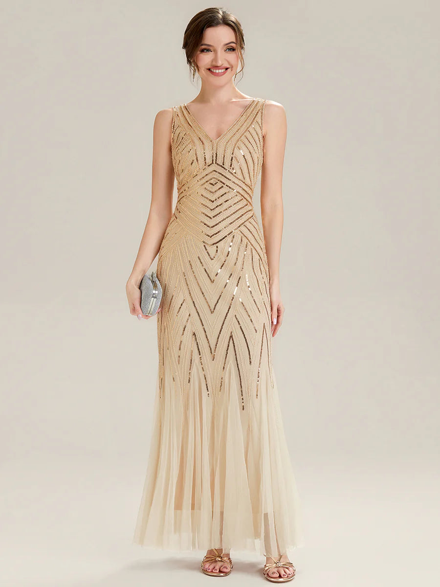 Commercial Wholesale Sleeveless High Stretch Fishtail Beaded V-Neck Evening Dresses