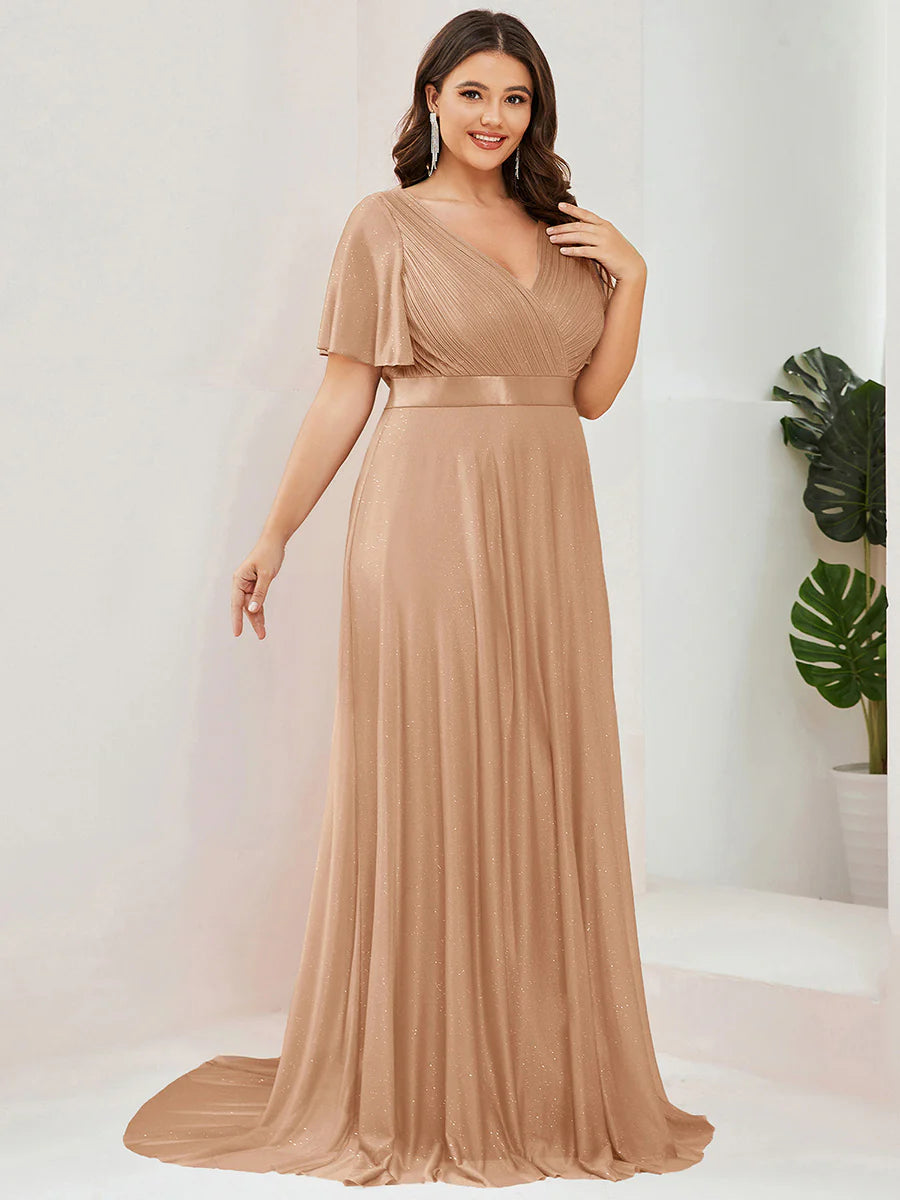 Plus Size Deep V Neck Ruffles Sleeve A Line Wholesale Evening Dresses
