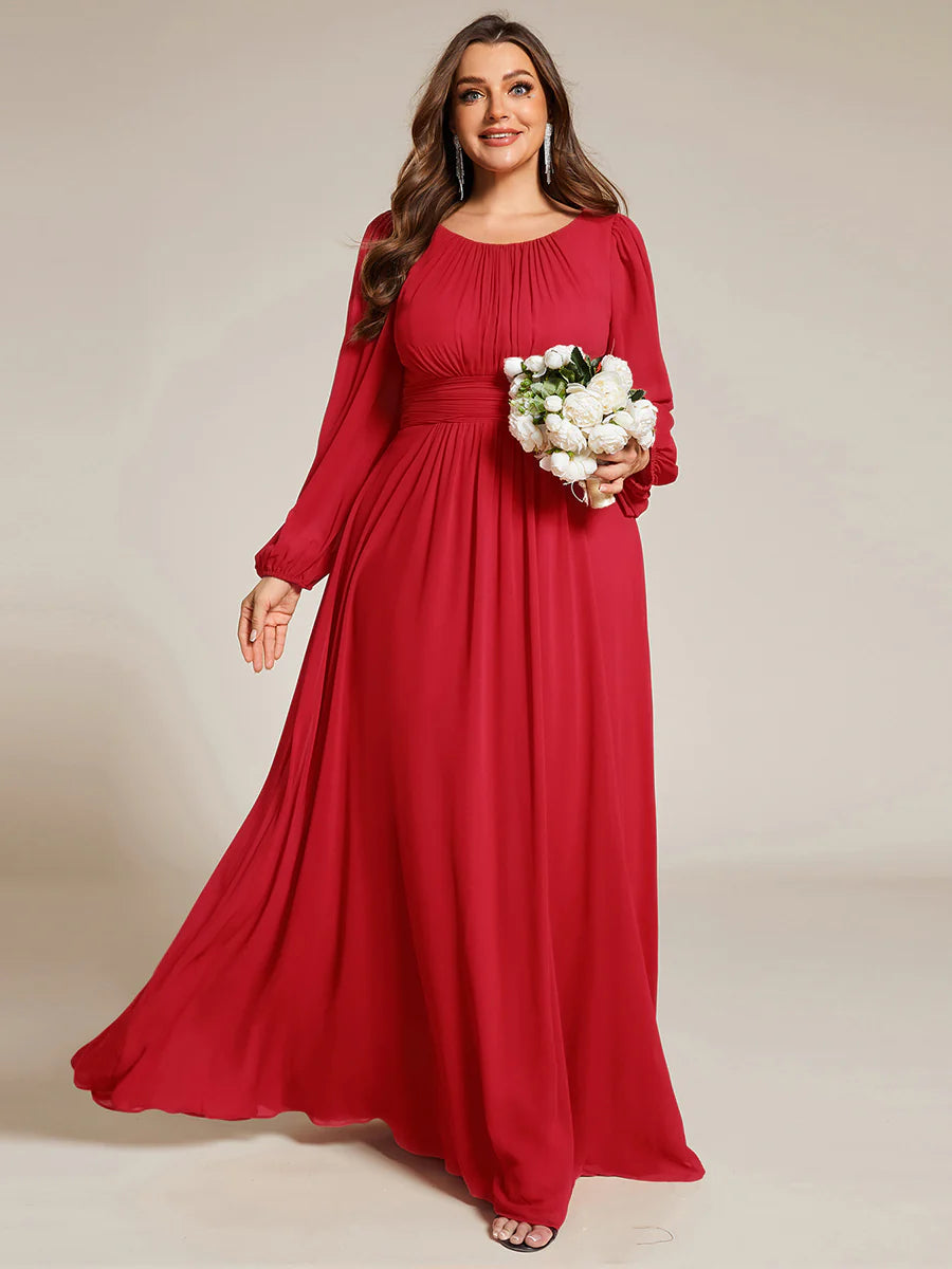 Plus Size Round Neck Wholesale Bridesmaid Dresses with Long Lantern Sleeves