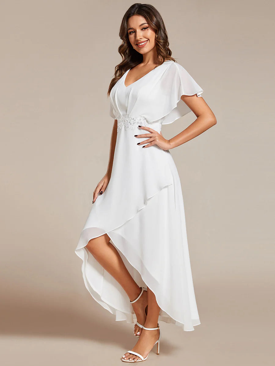 Chiffon Appliques  High-low  Wholesale Evening Dress with Short Sleeves