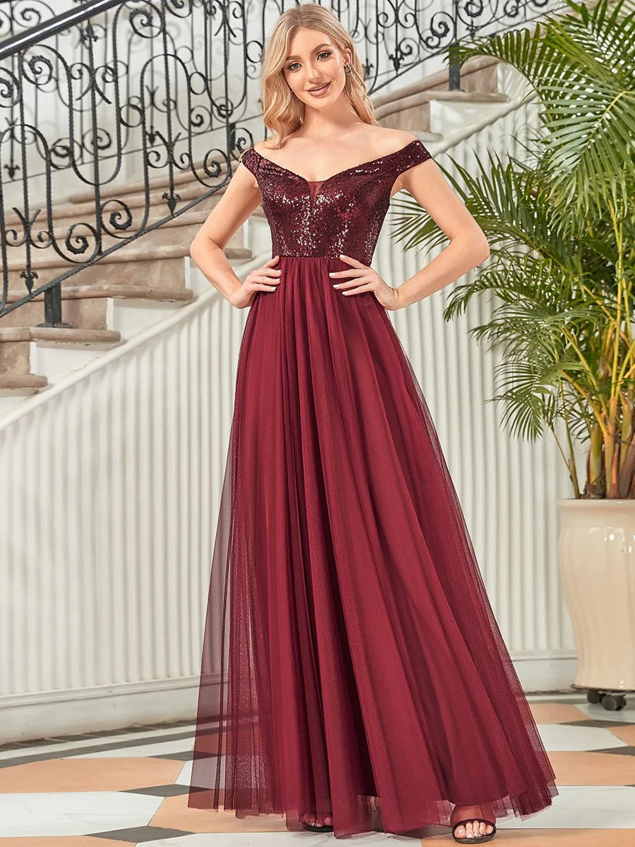 Wholesale High Waist Tulle & Sequin Sleeveless Evening Dress