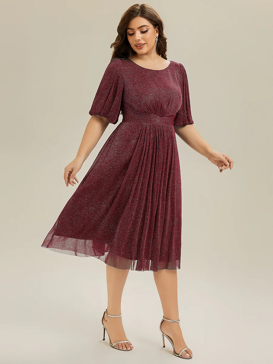Plus Size Half Sleeve Lantern A-Line Gathered Midi Wedding Guest Dresses