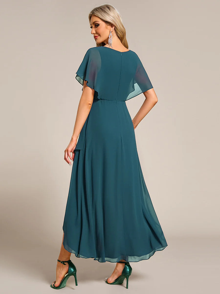 Chiffon Appliques  High-low  Wholesale Evening Dress with Short Sleeves