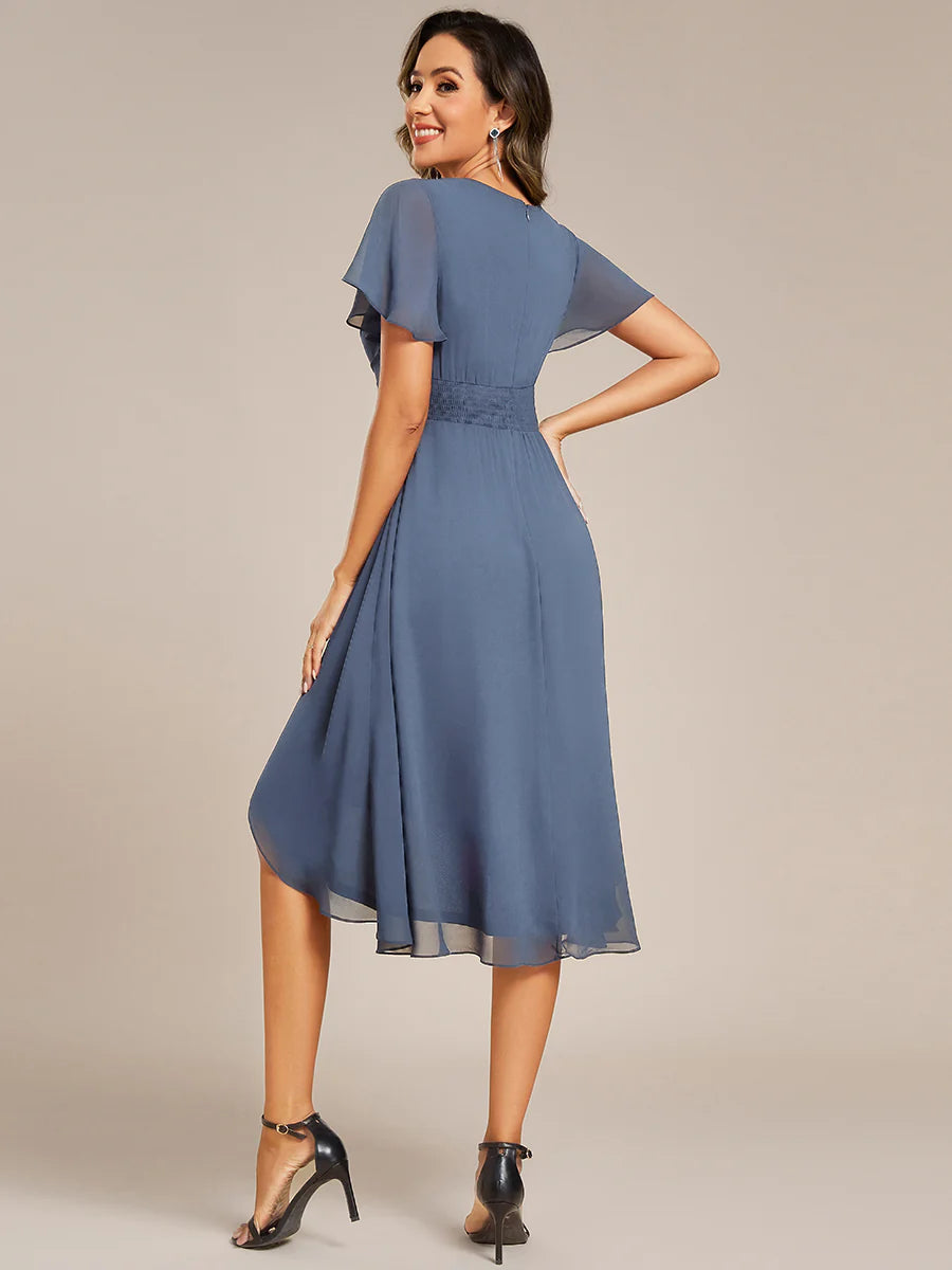 Short Sleeve Ruffled V-Neck Pleated Asymmetrical Midi Wedding Guest Dresses
