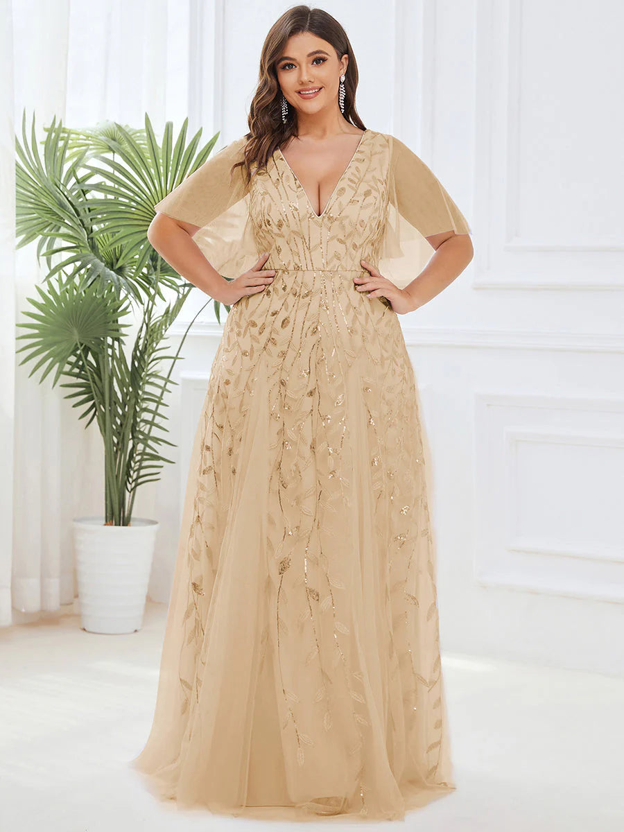 Plus Size Deep V Neck Wholesale Sequin Evening Gown With Short Sleeves