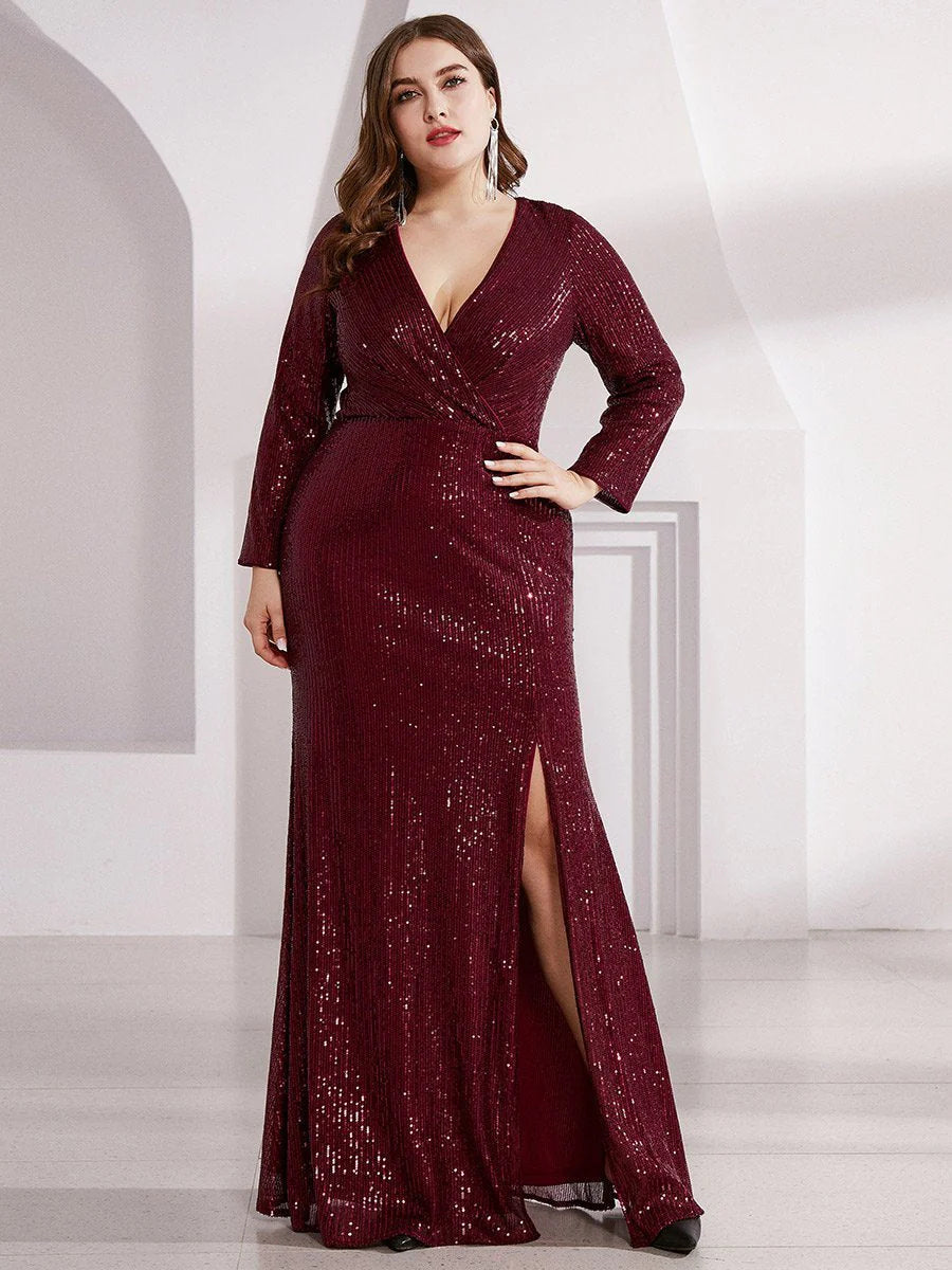 Shiny V Neck Plus Size Sequin Wholesale Evening Party Dress
