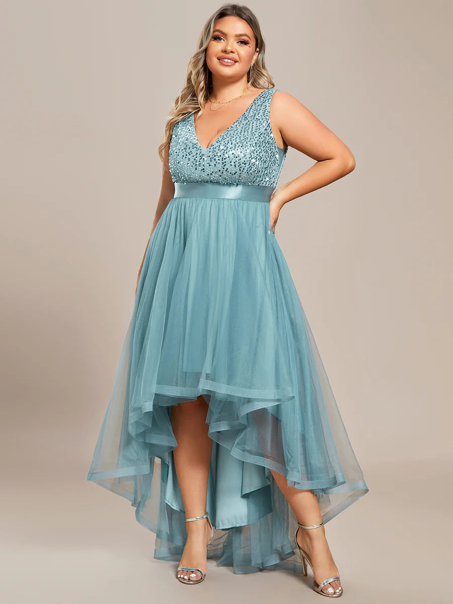 Plus Size Sparkling Wholesale Evening Dresses with Asymmetrical Hem Deep V Neck