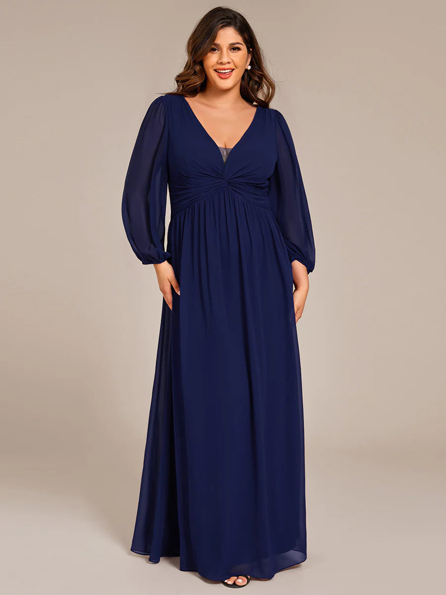 Plus Size Graceful See-Through V Neck Padded Enough Pleated Decoration Chiffon Evening Dresses