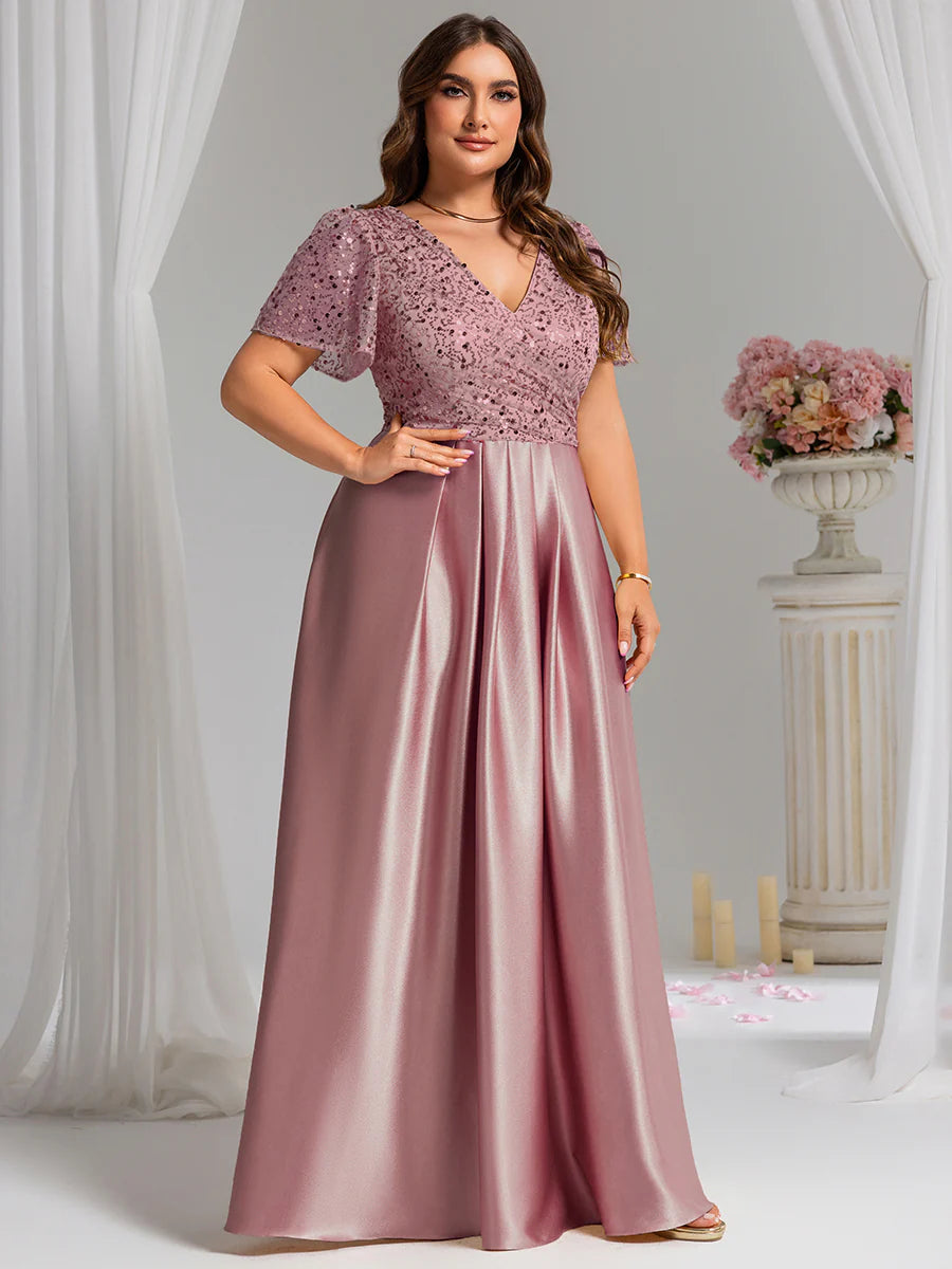 Factory Design Short Sleeve Ruffle Sheer Appliques V Neck Evening Dress