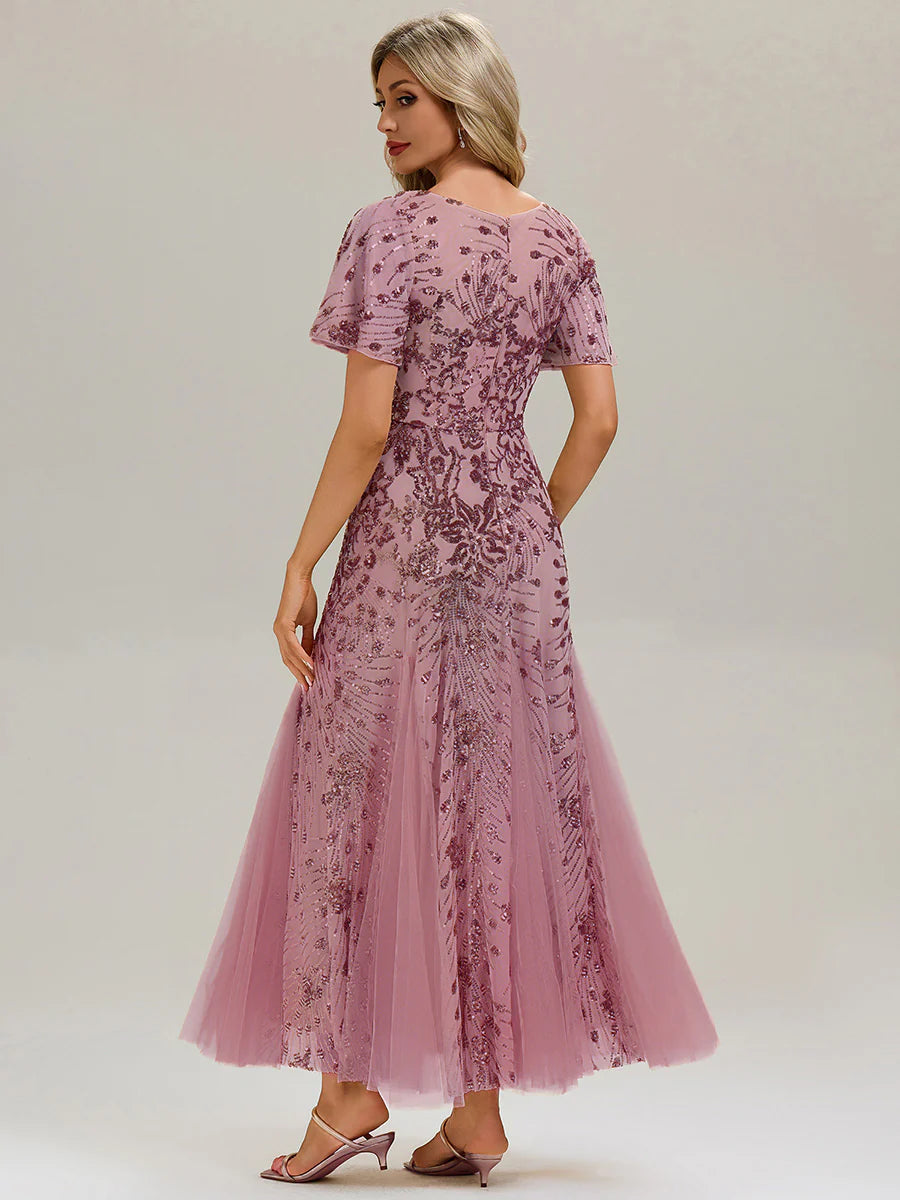 Short Sleeve Ruffle Sequin V-Neck A-Line Maxi Evening Dresses