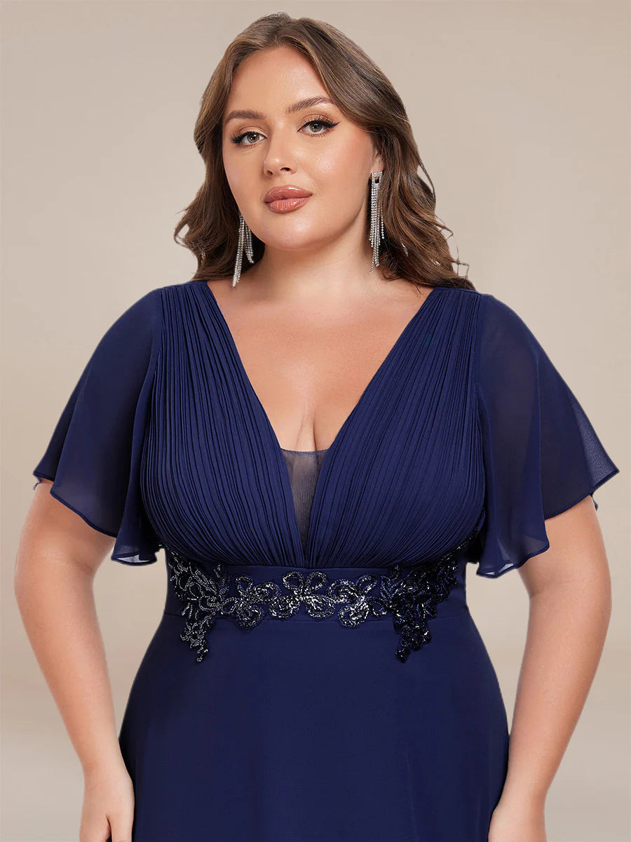 Plus Size Elegant Ruffles Sleeve Chiffon Evening Dresses with Pleated Applique Decoration