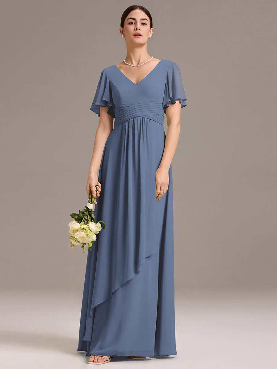 Wholesale | Customizable Double V-Neck Ruffled-Sleeve A-Line Chiffon Dress