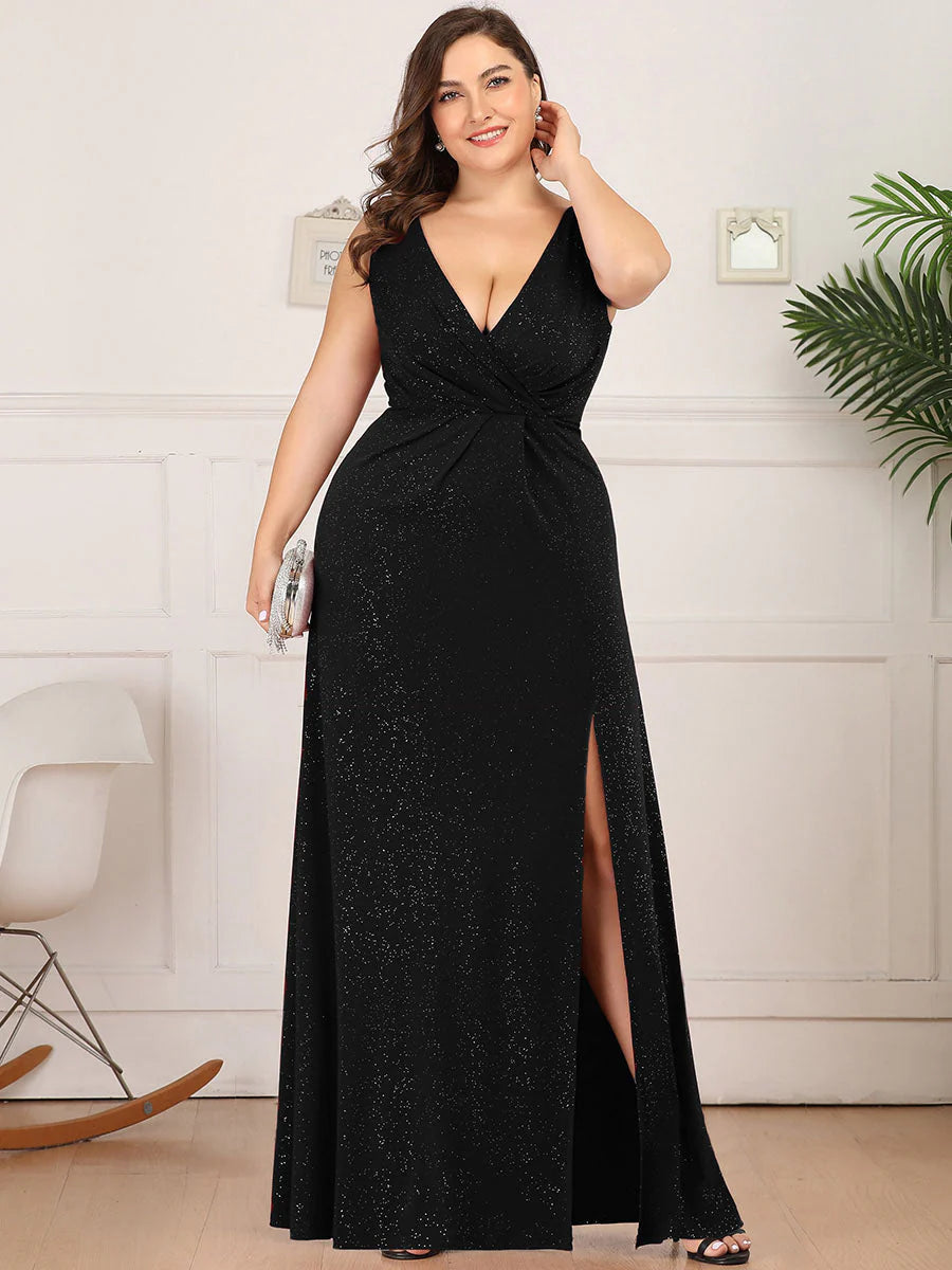 Floor Length V Neck Shimmery Wholesale Plus Size Evening Dresses