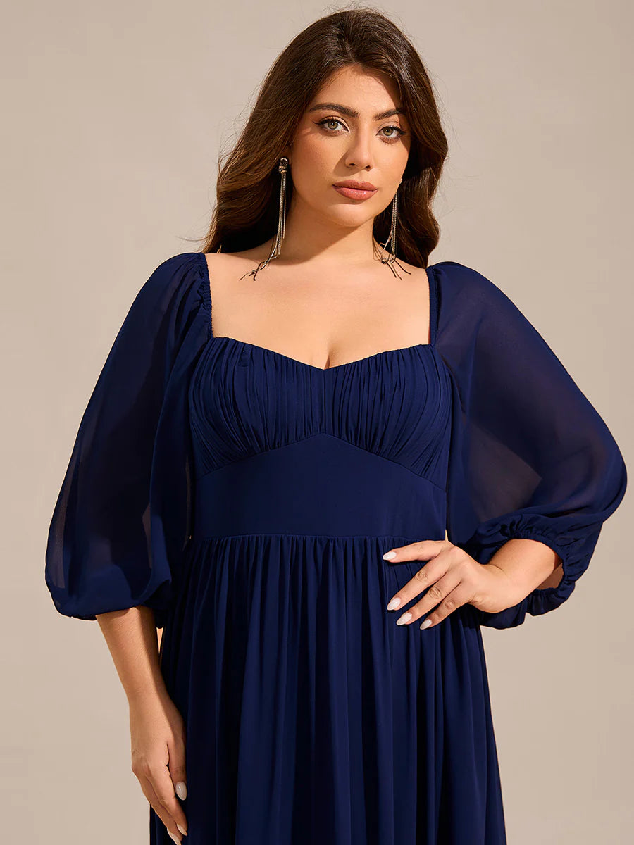 Plus Size Graceful Sweetheart 3/4 Lantern Sleeve Chiffon Bridesmaid Dresses with Frenulum knotting