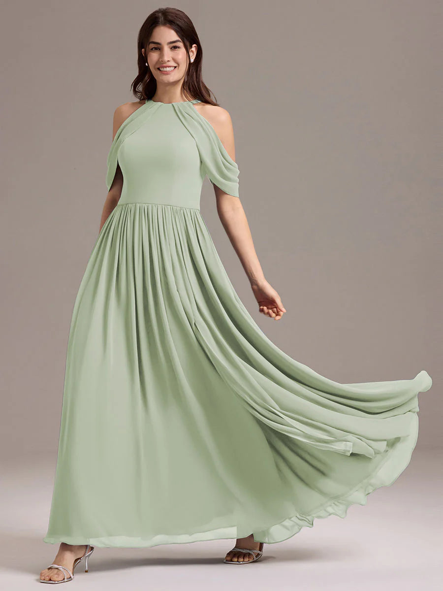 Mass Customization Sleeveless Cold Shoulder A-Line Floor Length Non-Stretch Bridesmaid Dresses