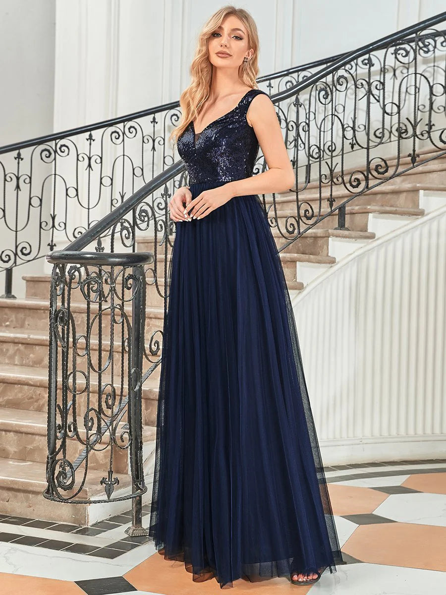 Wholesale High Waist Tulle & Sequin Sleeveless Evening Dress