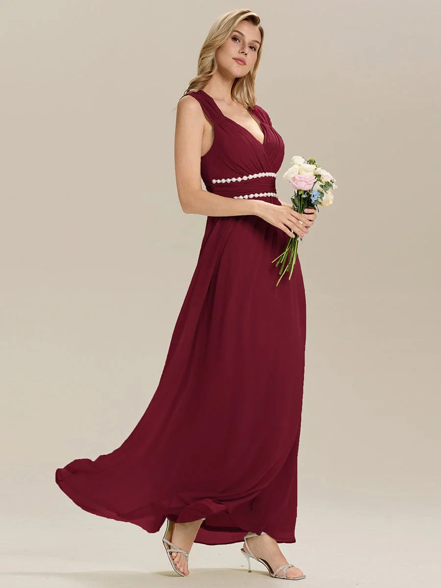 Custom Made Sleeveless Pleated Deep V-Neck A-Line Floor Length Dress; Bridesmaid Dresses