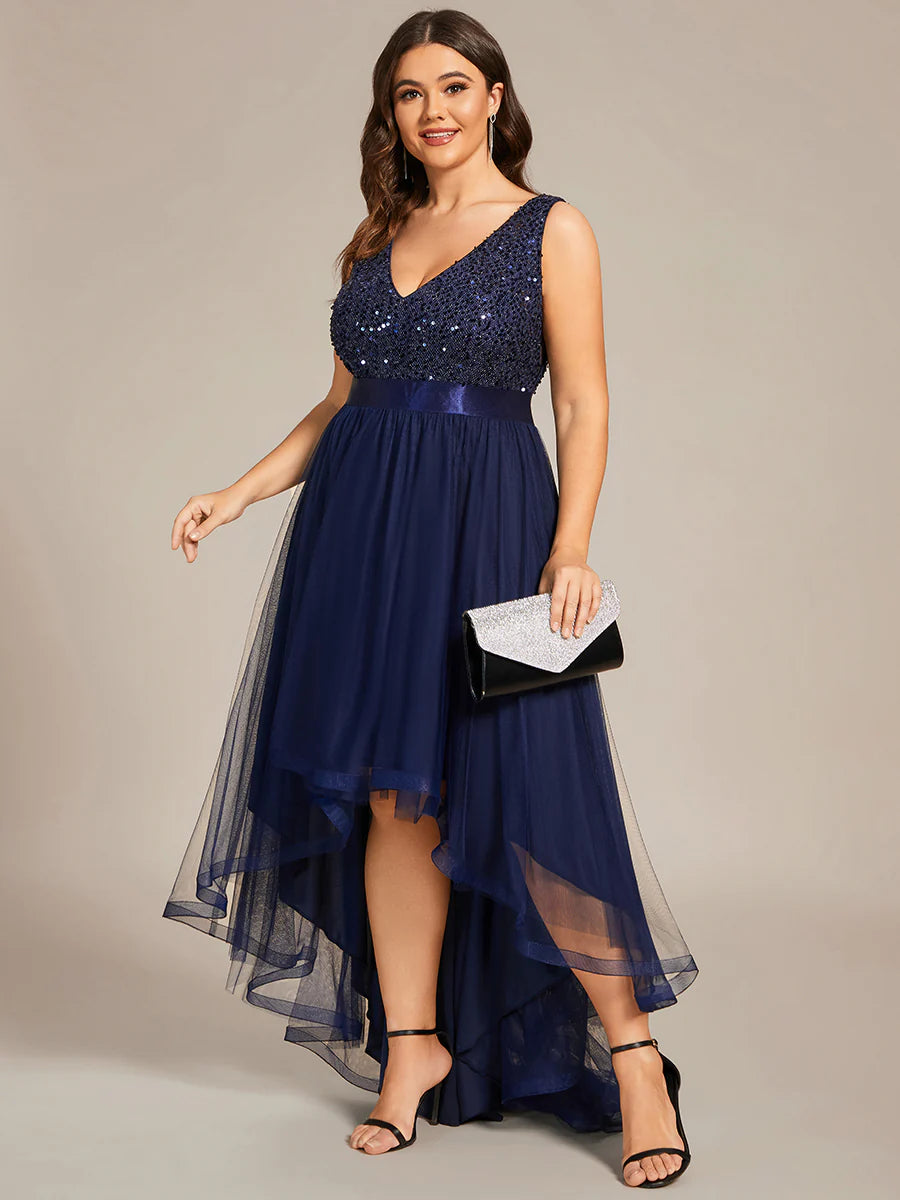 Plus Size Sparkling Wholesale Evening Dresses with Asymmetrical Hem Deep V Neck