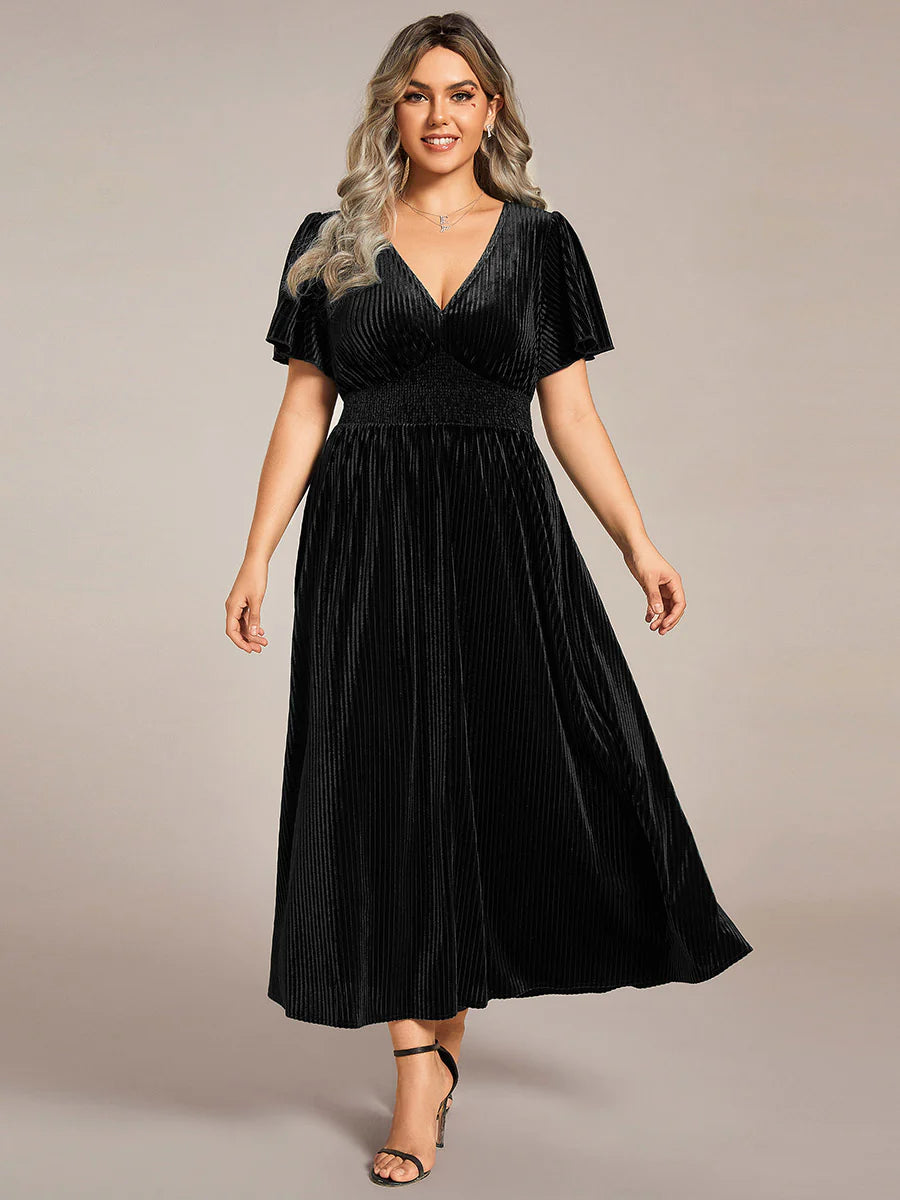 Plus-Size-V-Neck Tea Length Velvet Wedding Guest Dresses