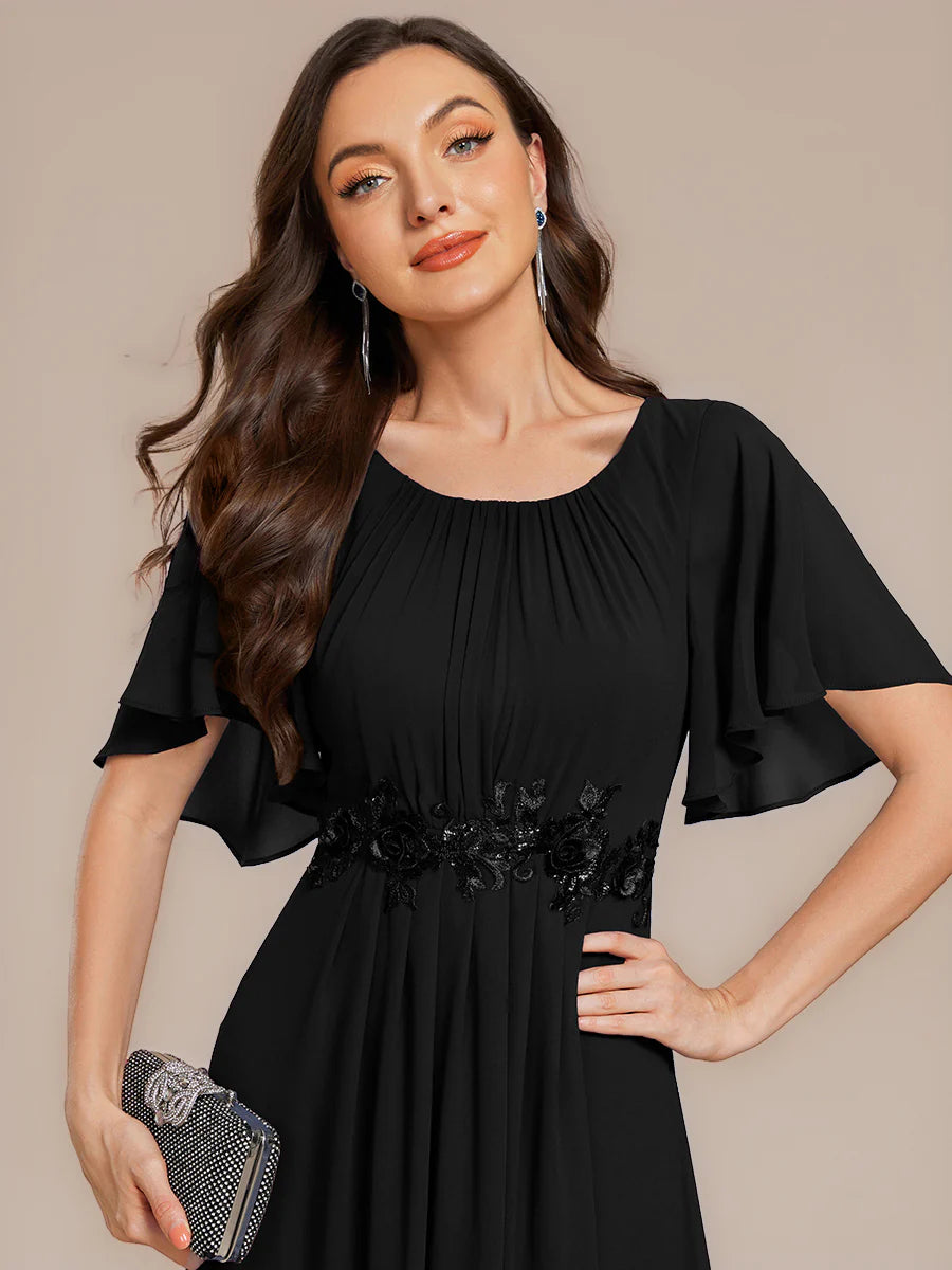 Commercial Wholesale Short Sleeve Ruffle A-Line Midi Dress with Floral Appliques Evening Dresses