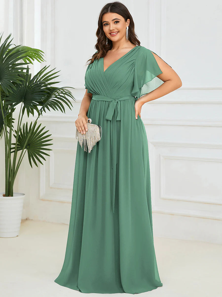 A Line Wholesale Evening Dresses with Deep V Neck Ruffles Sleeves