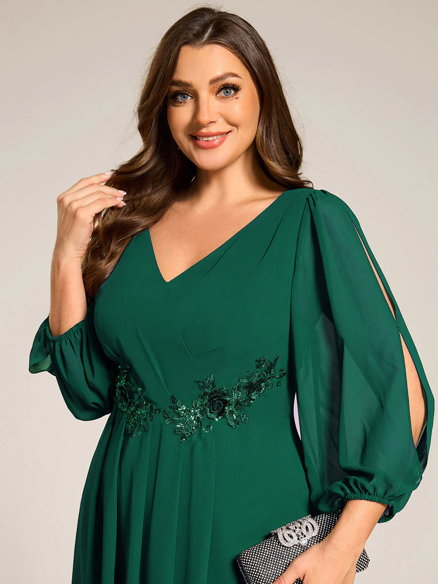 Plus Size Elegant Lantern Sleeve Applique Empire Waist Midi-Length Chiffon Evening Dresses with Asymmetrical Hem