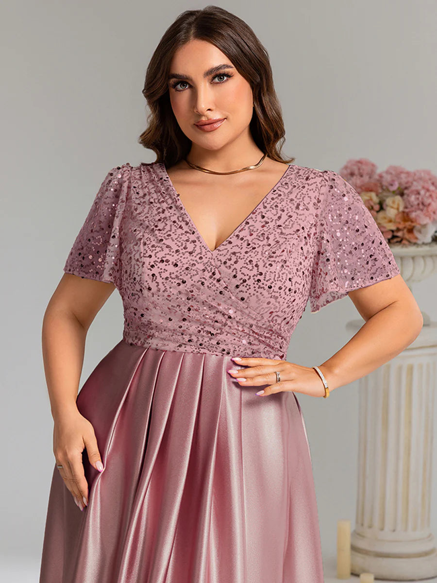 Factory Design Short Sleeve Ruffle Sheer Appliques V Neck Evening Dress