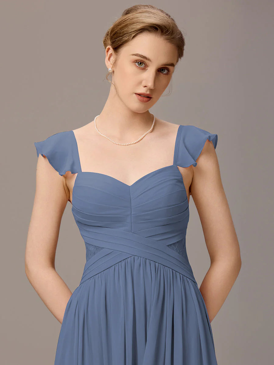 Wholesale Custom Made Back-Tie Pleated Ruffles Sleeves Bridesmaid Dress