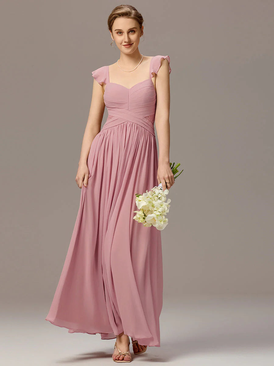 Wholesale Custom Made Back-Tie Pleated Ruffles Sleeves Bridesmaid Dress
