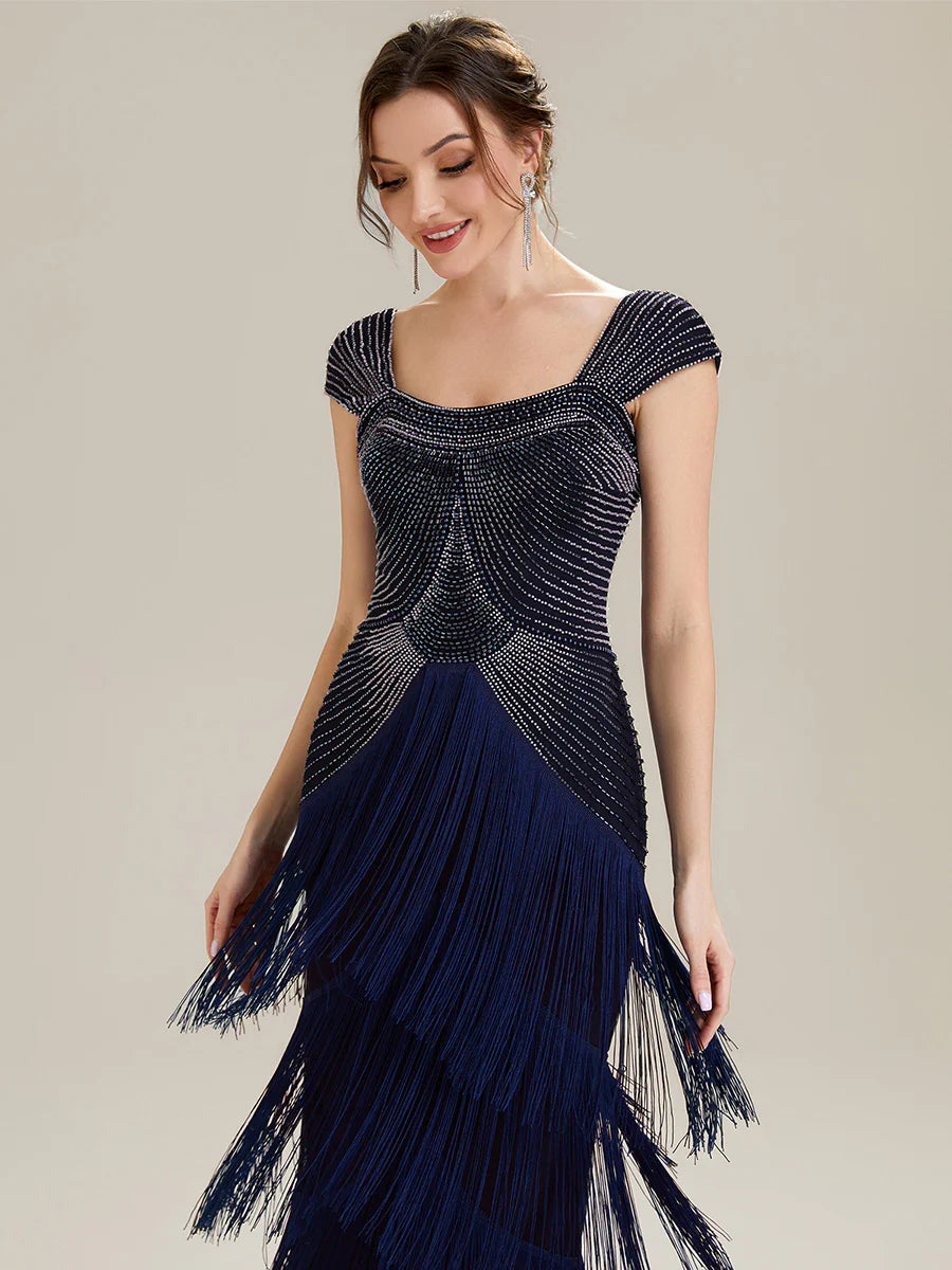 Volume Discounts Strapless Sheath Midi Length Square Neck Beaded Wedding Guest Dress