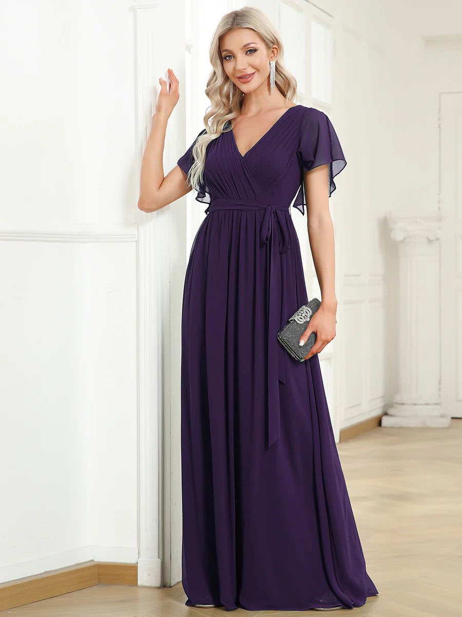 A Line Wholesale Evening Dresses with Deep V Neck Ruffles Sleeves